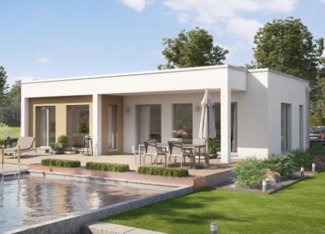 Moderner Bungalow mit Flachdach und Panoramafenster über Eck